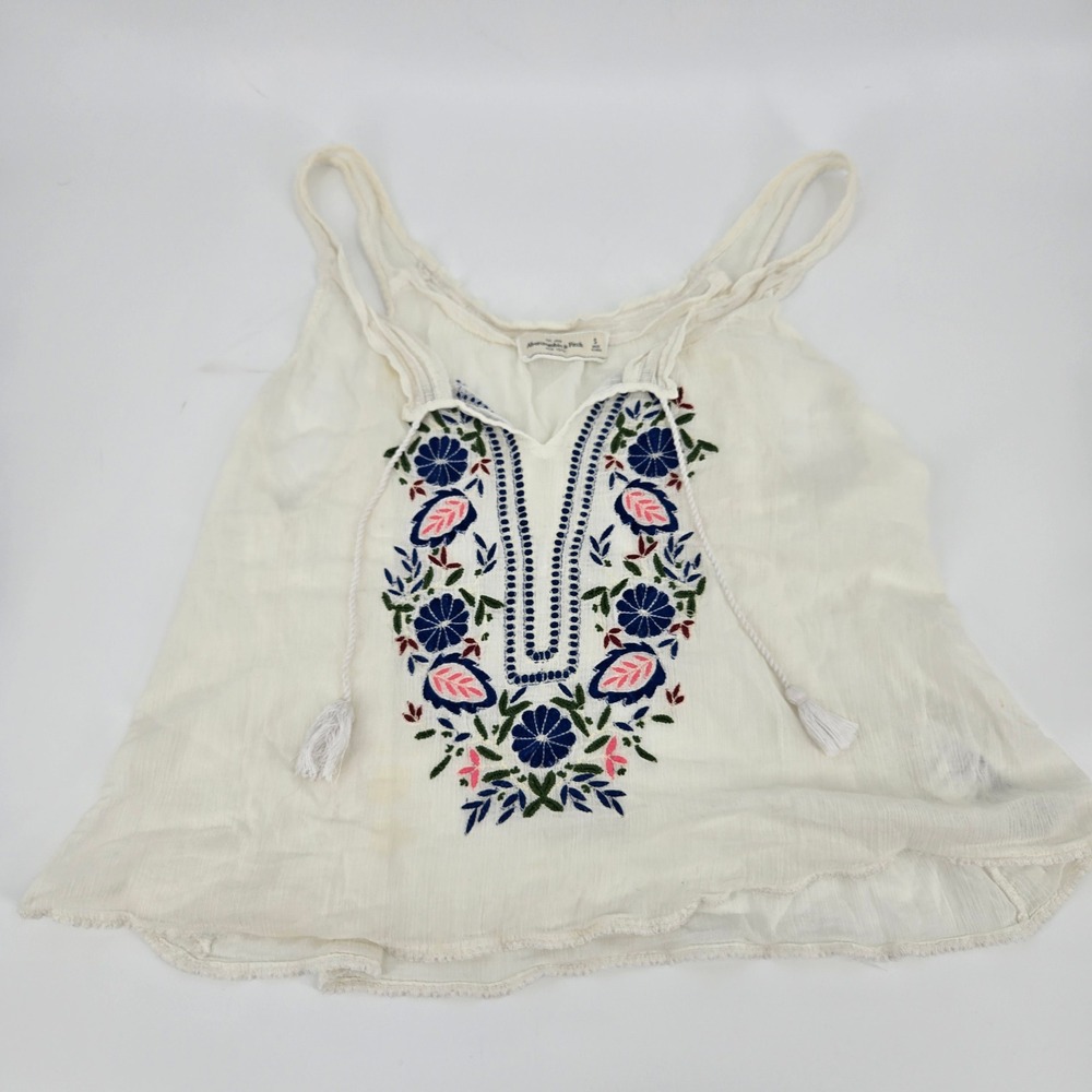 Abercrombie & Fitch Vtg Y2K Floral Embroidered Boho Tank Top‎ Small White EUC